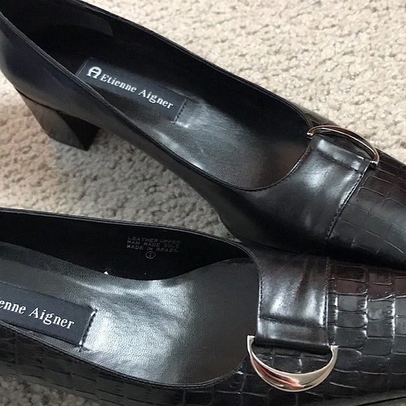 Etienne Aigner Reptile Embossed Black Patent Leather Block Heels, 8.5 N - Picture 4 of 10